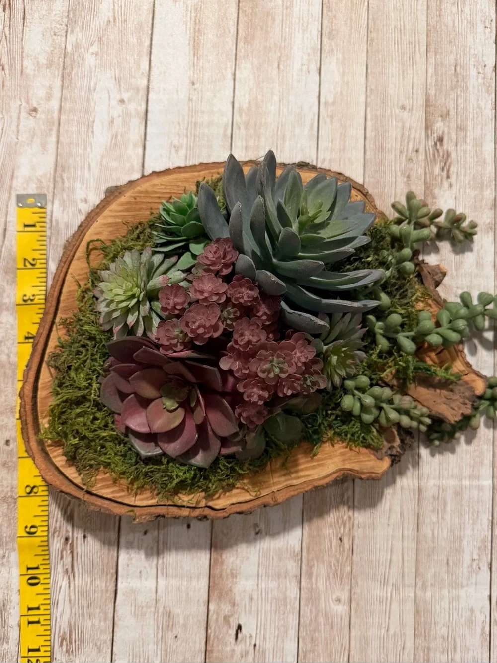 Faux Succulent Centerpiece in Green and Burgundy